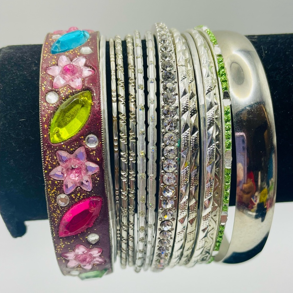 Flower Crystal & Silver Stack Bangle Set. 16 Brac… - image 2